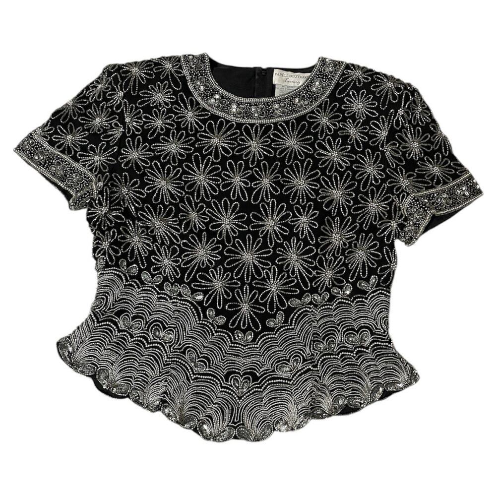 Formal Beaded Blouse Adrianna Papell Boutique Evening Medium Black Vintage 80s